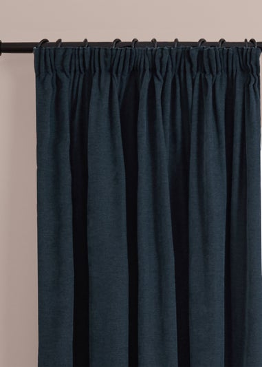 Furn Soft Chenille Blackout Pencil Pleat Curtain Pair Navy