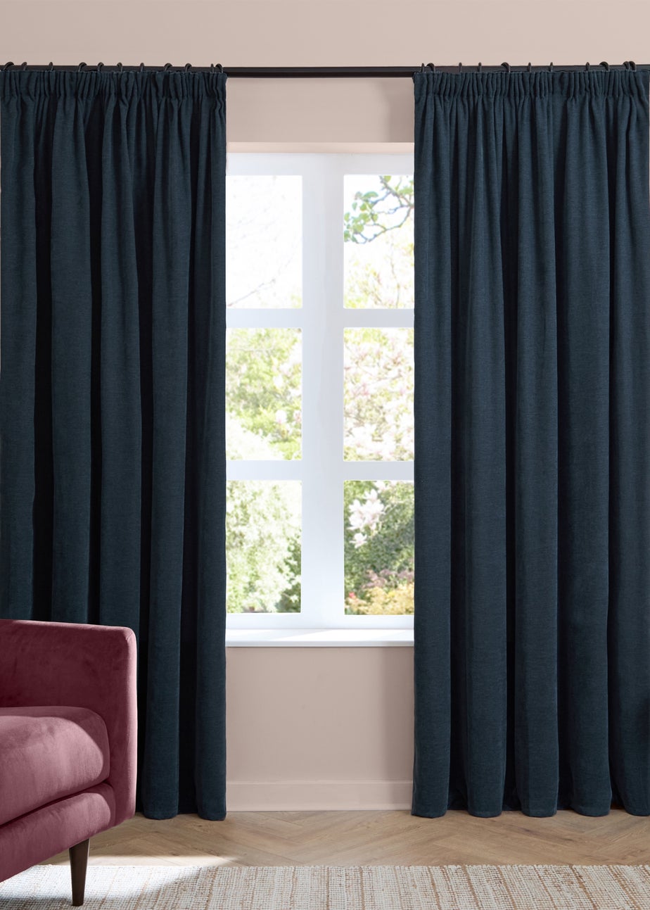 Furn Soft Chenille Blackout Pencil Pleat Curtain Pair Navy