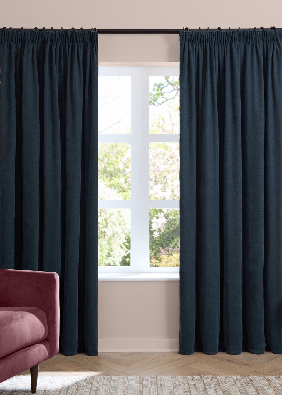 Furn Soft Chenille Blackout Pencil Pleat Curtain Pair Navy