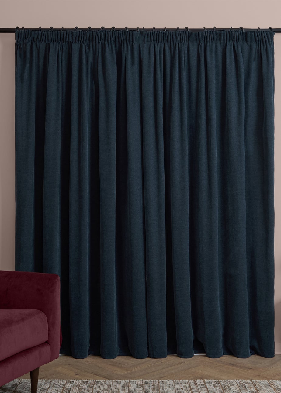 Furn Soft Chenille Blackout Pencil Pleat Curtain Pair Navy