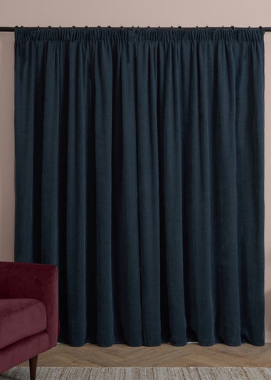 Furn Soft Chenille Blackout Pencil Pleat Curtain Pair Navy