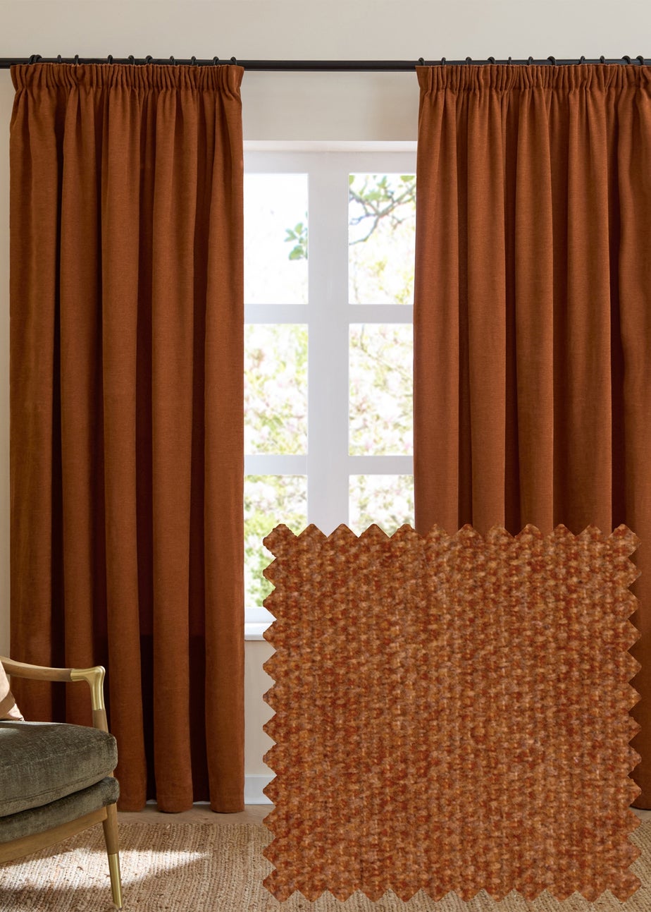 Furn Soft Chenille Blackout Pencil Pleat Curtain Pair Rust