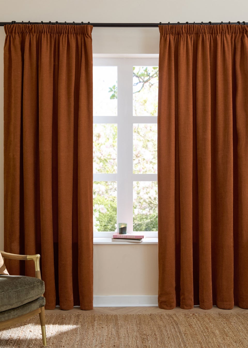 Furn Soft Chenille Blackout Pencil Pleat Curtain Pair Rust