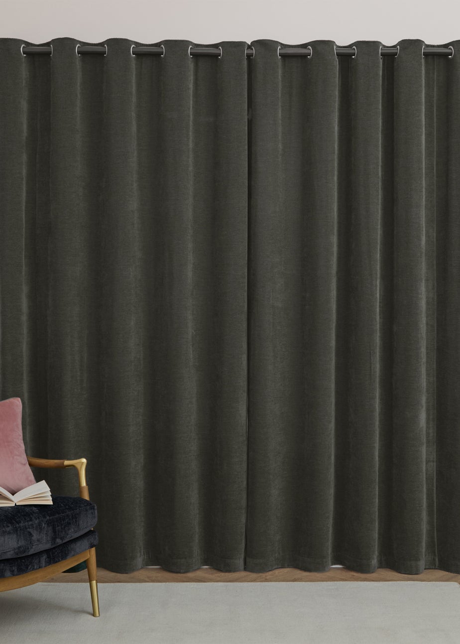 Furn Soft Chenille Blackout Eyelet Curtain Pair Charcoal Grey