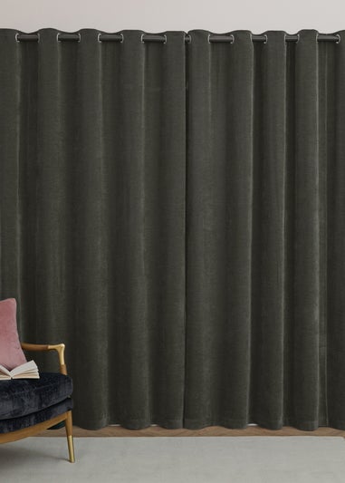 Furn Soft Chenille Blackout Eyelet Curtain Pair Charcoal Grey