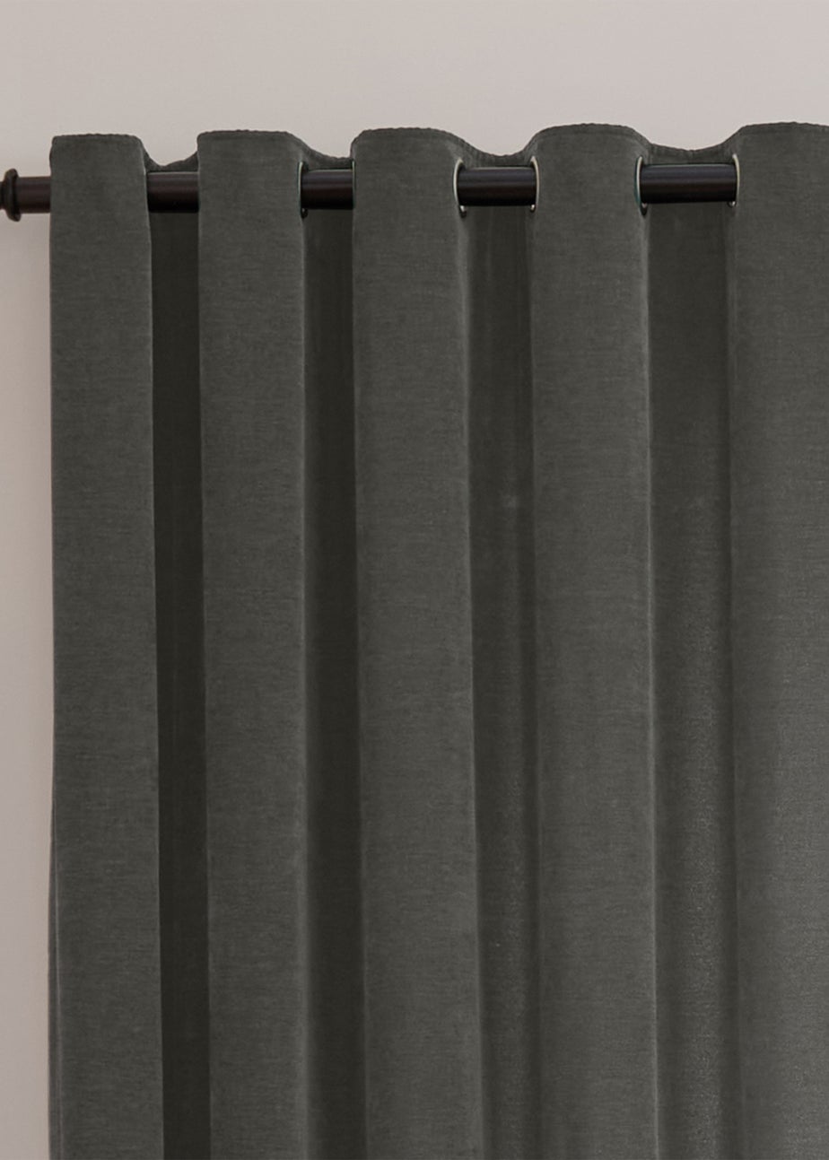 Furn Soft Chenille Blackout Eyelet Curtain Pair Charcoal Grey