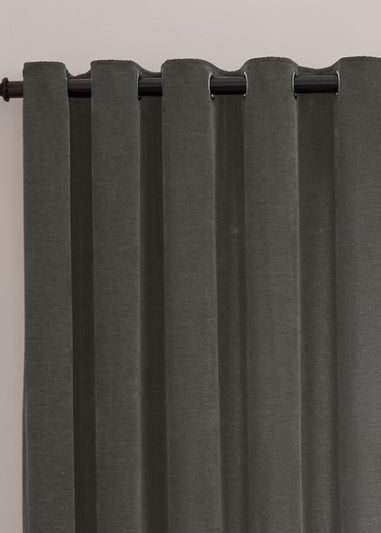 Furn Soft Chenille Blackout Eyelet Curtain Pair Charcoal Grey