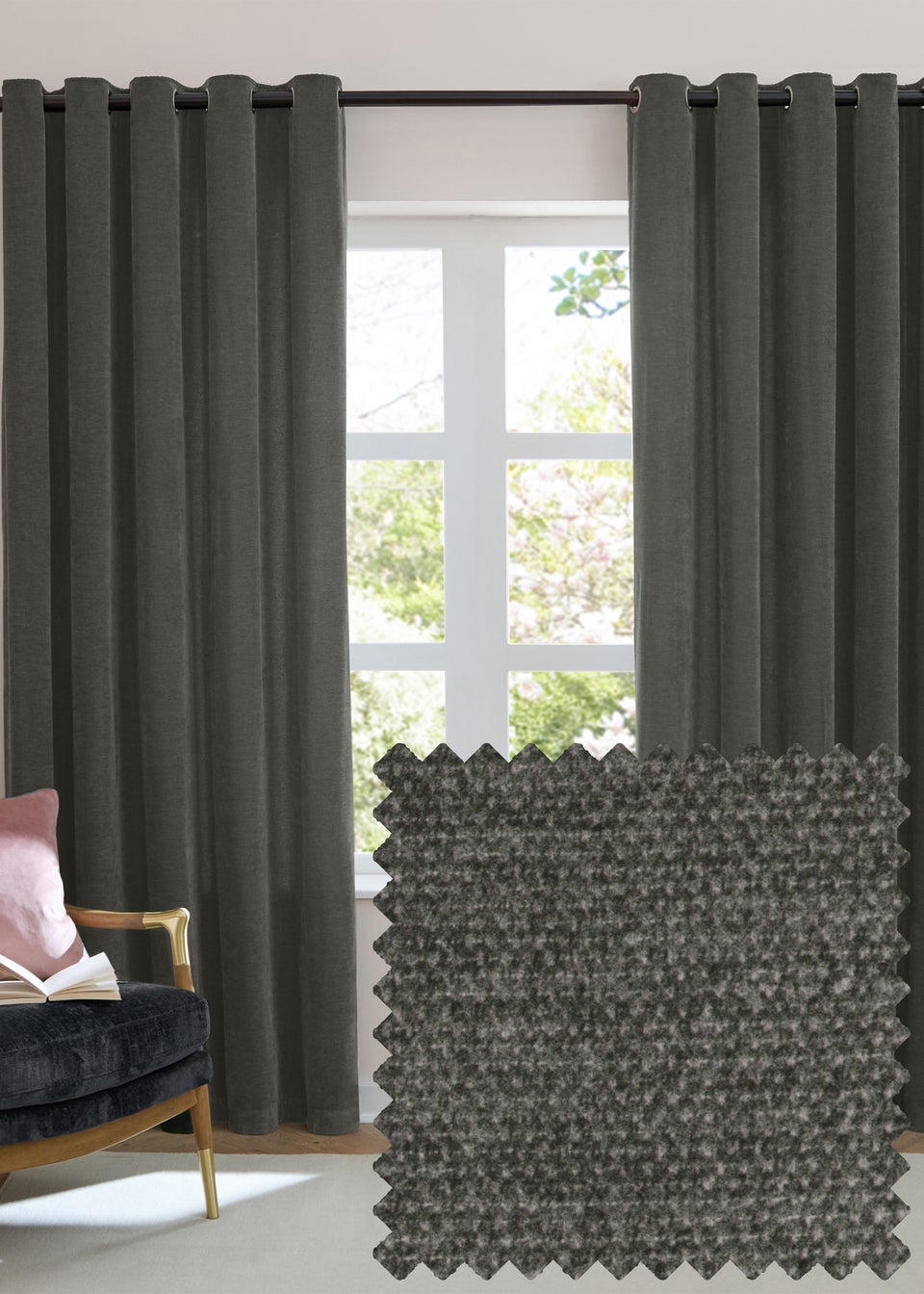 Furn Soft Chenille Blackout Eyelet Curtain Pair Charcoal Grey