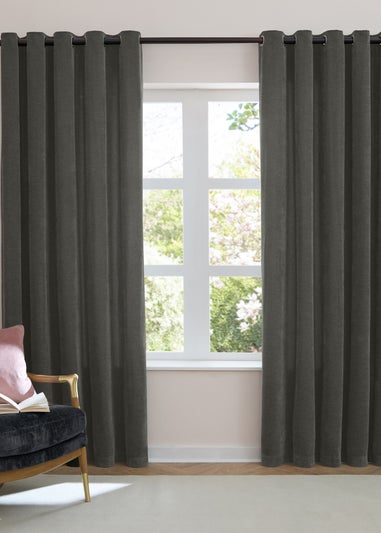 Furn Soft Chenille Blackout Eyelet Curtain Pair Charcoal Grey