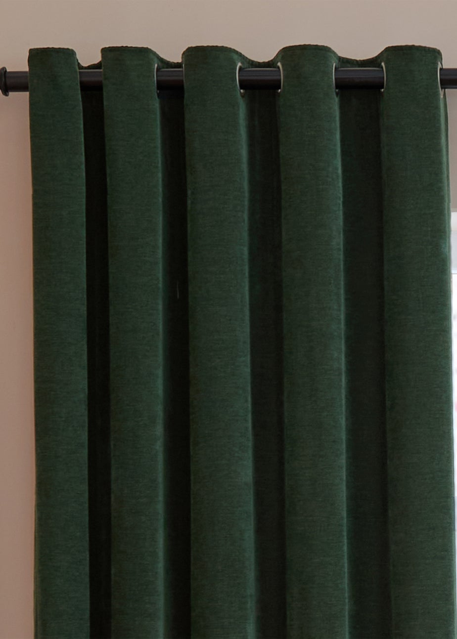 Furn Soft Chenille Blackout Eyelet Curtain Pair Bottle Green