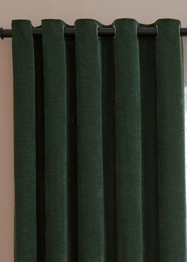 Furn Soft Chenille Blackout Eyelet Curtain Pair Bottle Green