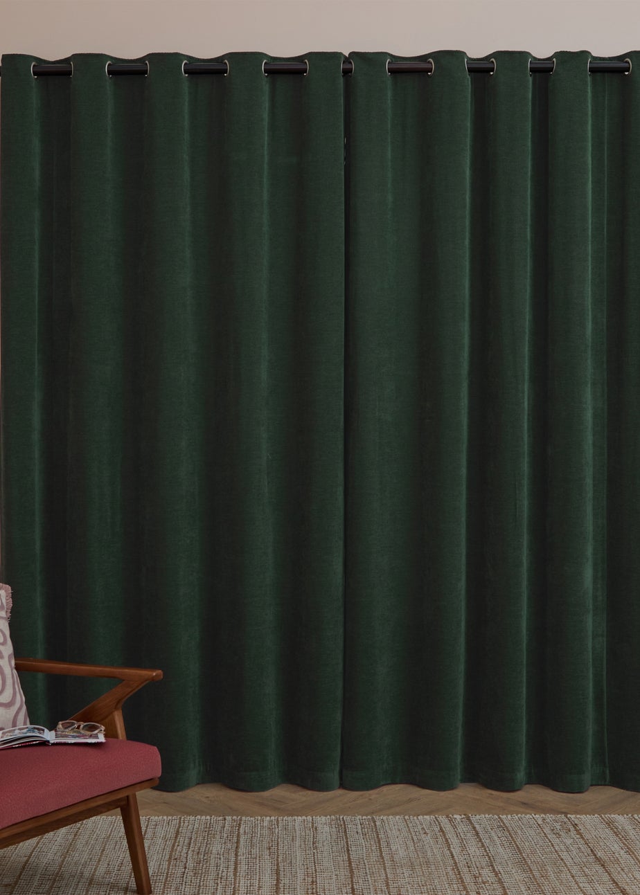 Furn Soft Chenille Blackout Eyelet Curtain Pair Bottle Green