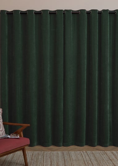 Furn Soft Chenille Blackout Eyelet Curtain Pair Bottle Green