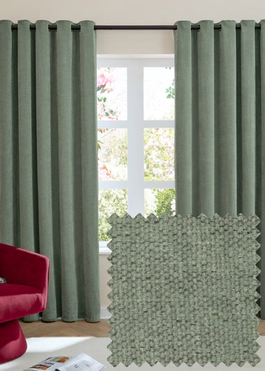 Furn Soft Chenille Blackout Eyelet Curtain Pair Green