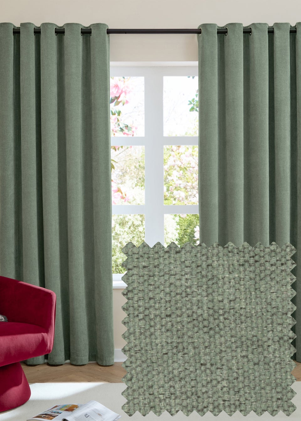 Furn Soft Chenille Blackout Eyelet Curtain Pair Green