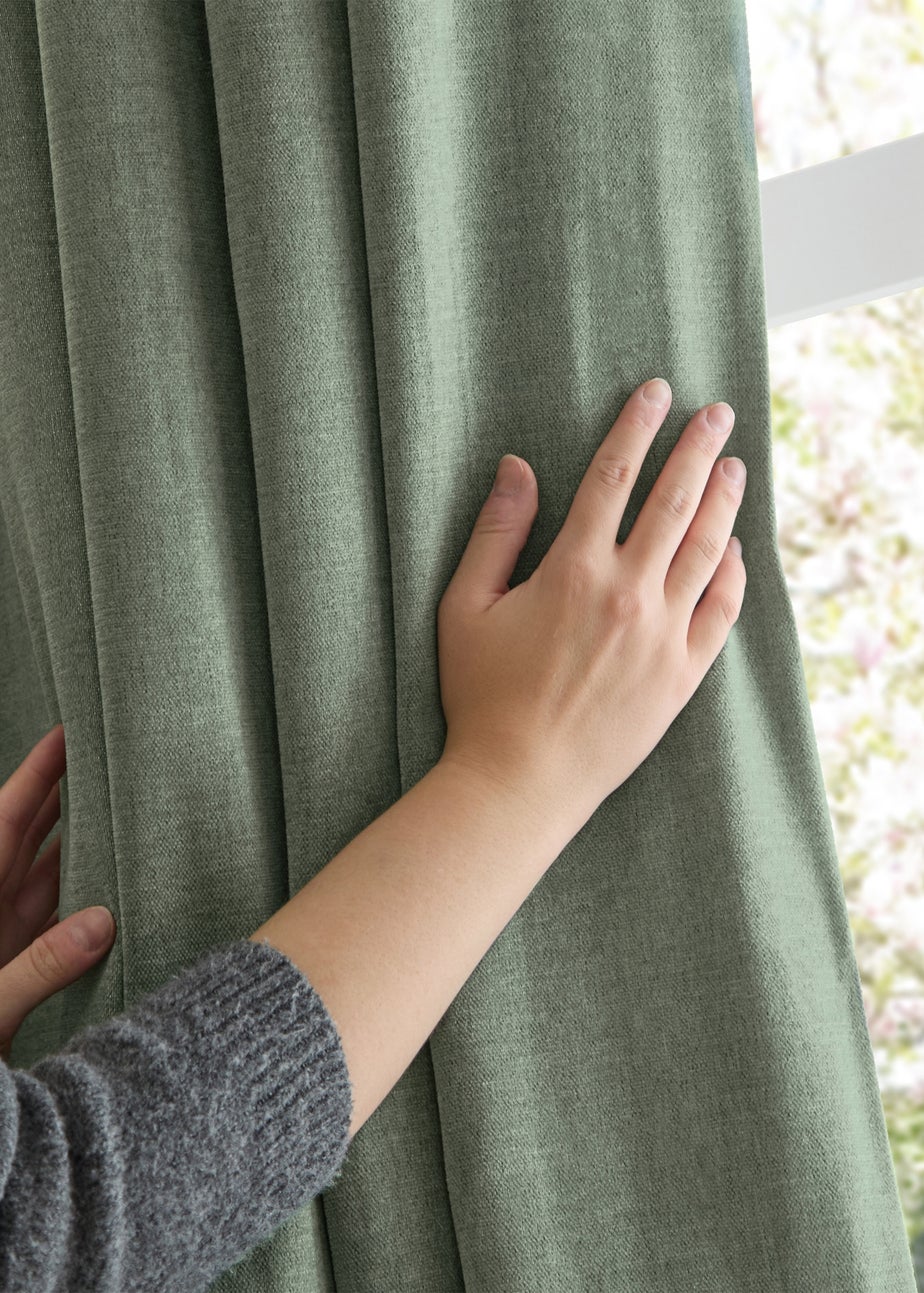 Furn Soft Chenille Blackout Eyelet Curtain Pair Green