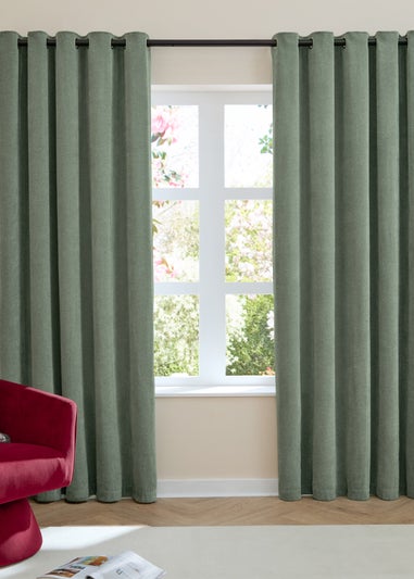 Furn Soft Chenille Blackout Eyelet Curtain Pair Green