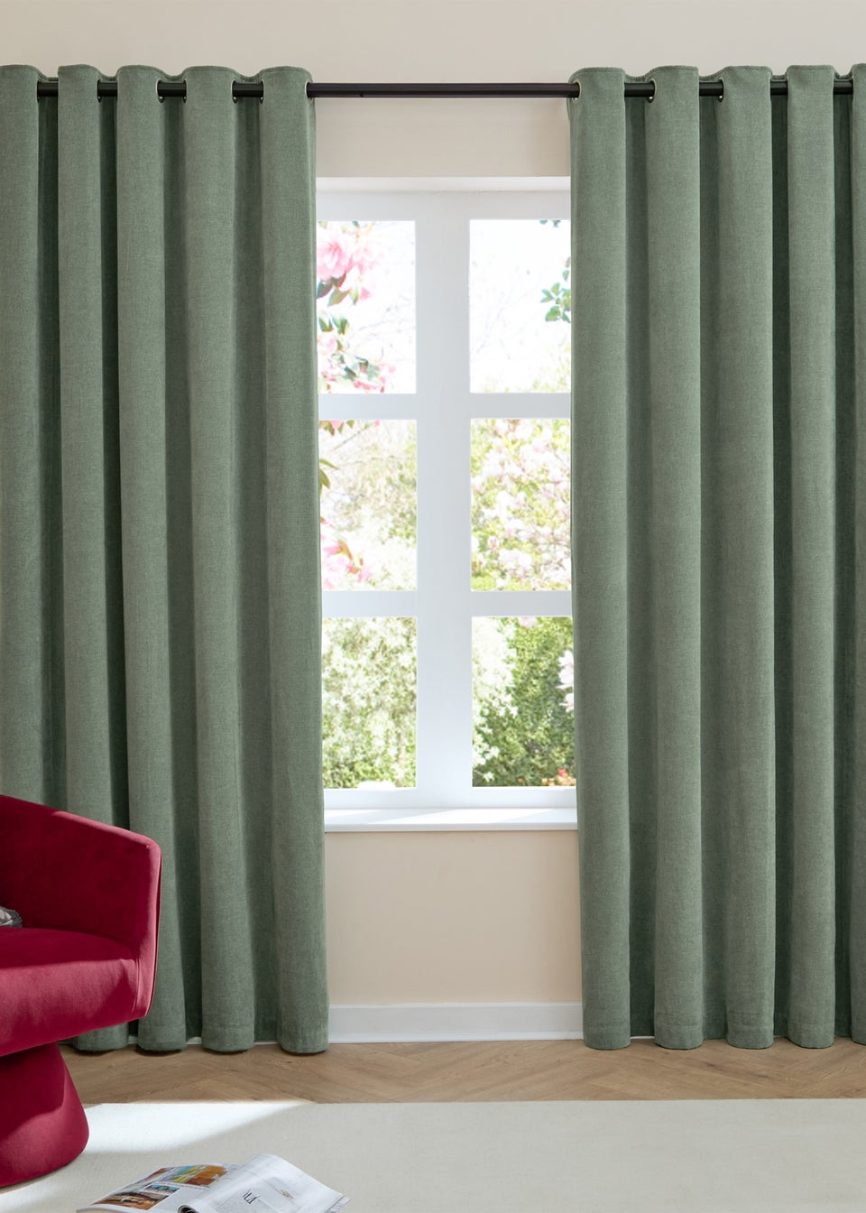 Furn Soft Chenille Blackout Eyelet Curtain Pair Green