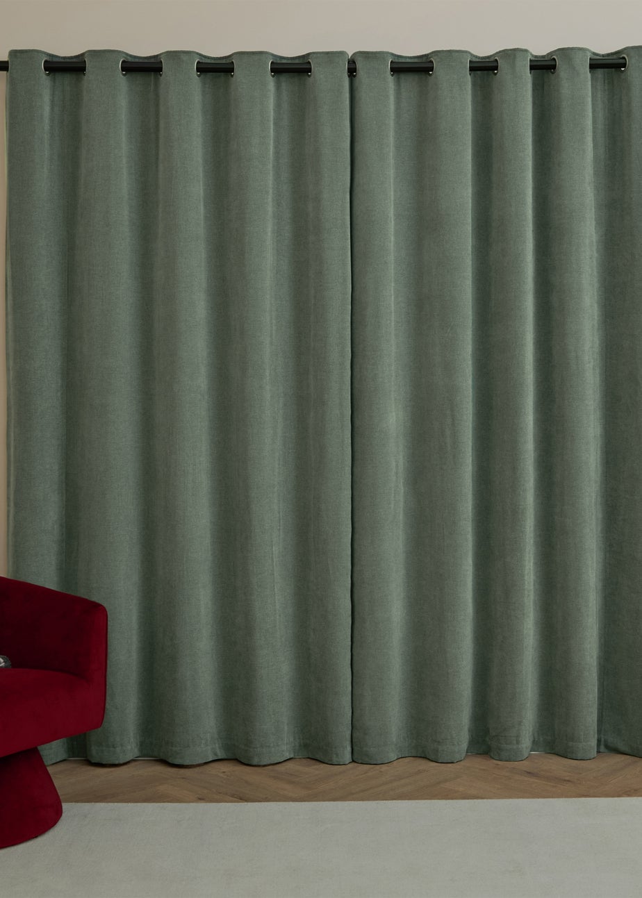 Furn Soft Chenille Blackout Eyelet Curtain Pair Green