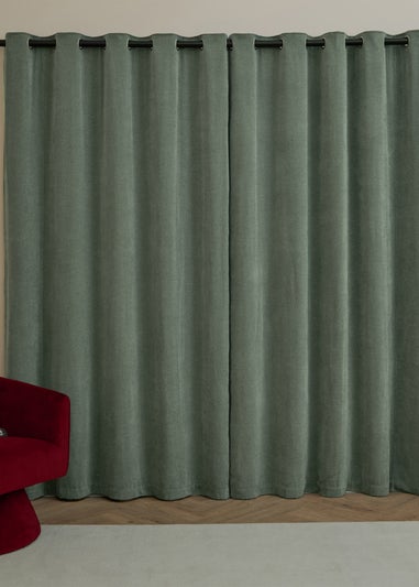 Furn Soft Chenille Blackout Eyelet Curtain Pair Green