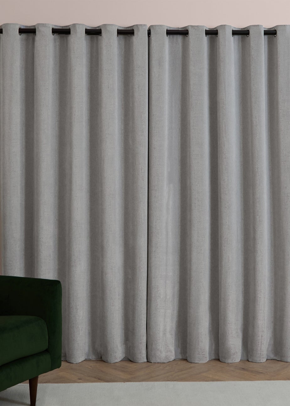 Furn Soft Chenille Blackout Eyelet Curtain Pair Silver
