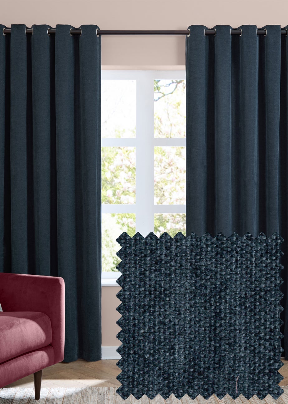 Furn Soft Chenille Blackout Eyelet Curtain Pair Navy