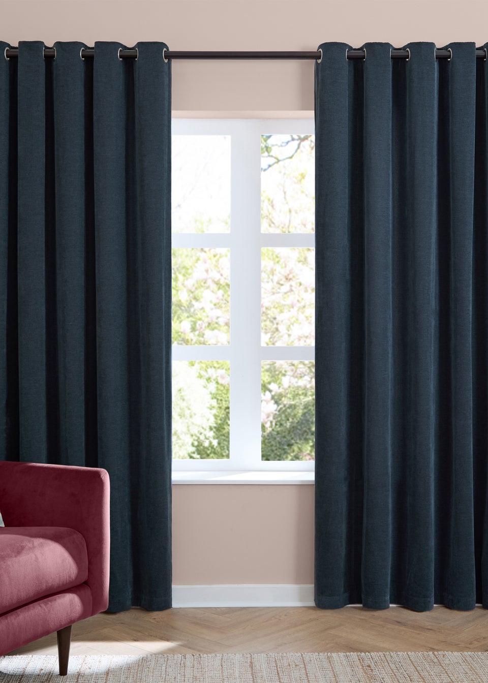 Furn Soft Chenille Blackout Eyelet Curtain Pair Navy