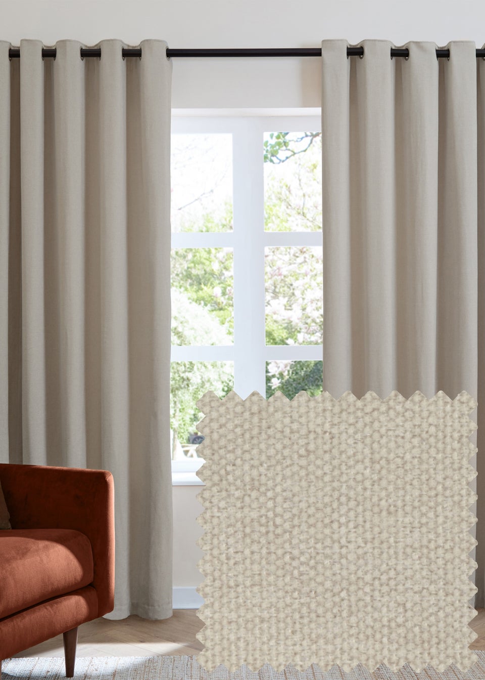 Furn Soft Chenille Blackout Eyelet Curtain Pair Natural
