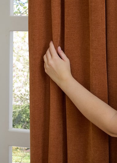 Furn Soft Chenille Blackout Eyelet Curtain Pair Rust