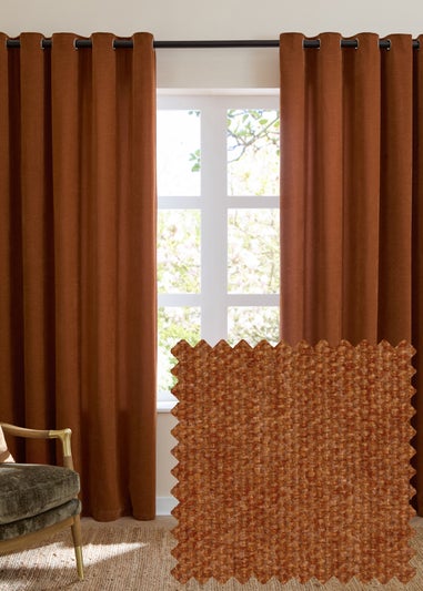 Furn Soft Chenille Blackout Eyelet Curtain Pair Rust