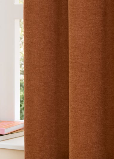 Furn Soft Chenille Blackout Eyelet Curtain Pair Rust