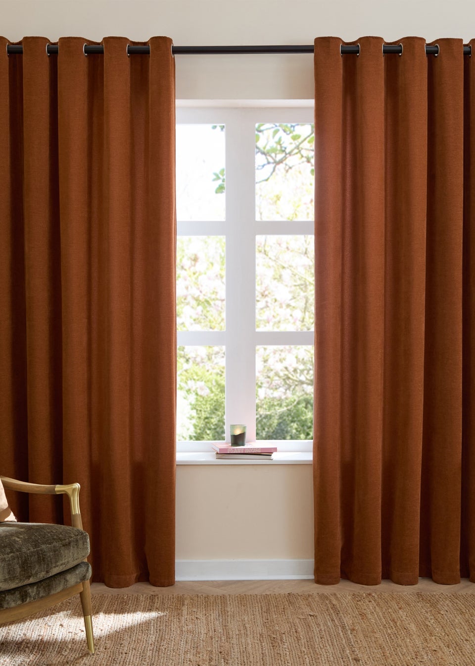 Furn Soft Chenille Blackout Eyelet Curtain Pair Rust