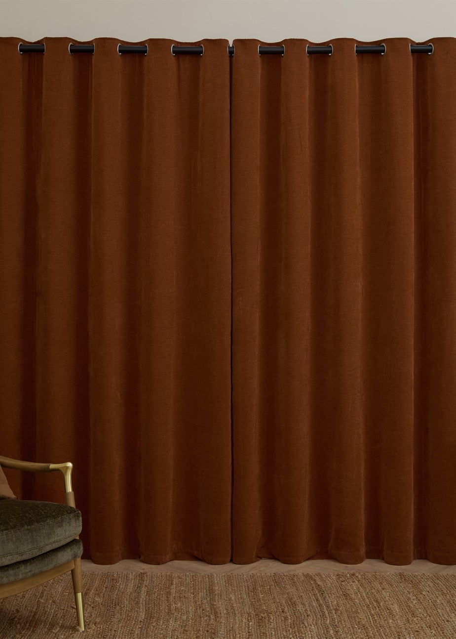 Furn Soft Chenille Blackout Eyelet Curtain Pair Rust