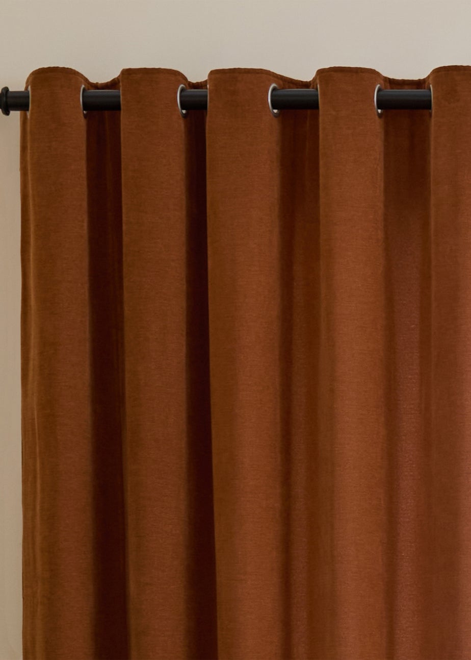 Furn Soft Chenille Blackout Eyelet Curtain Pair Rust