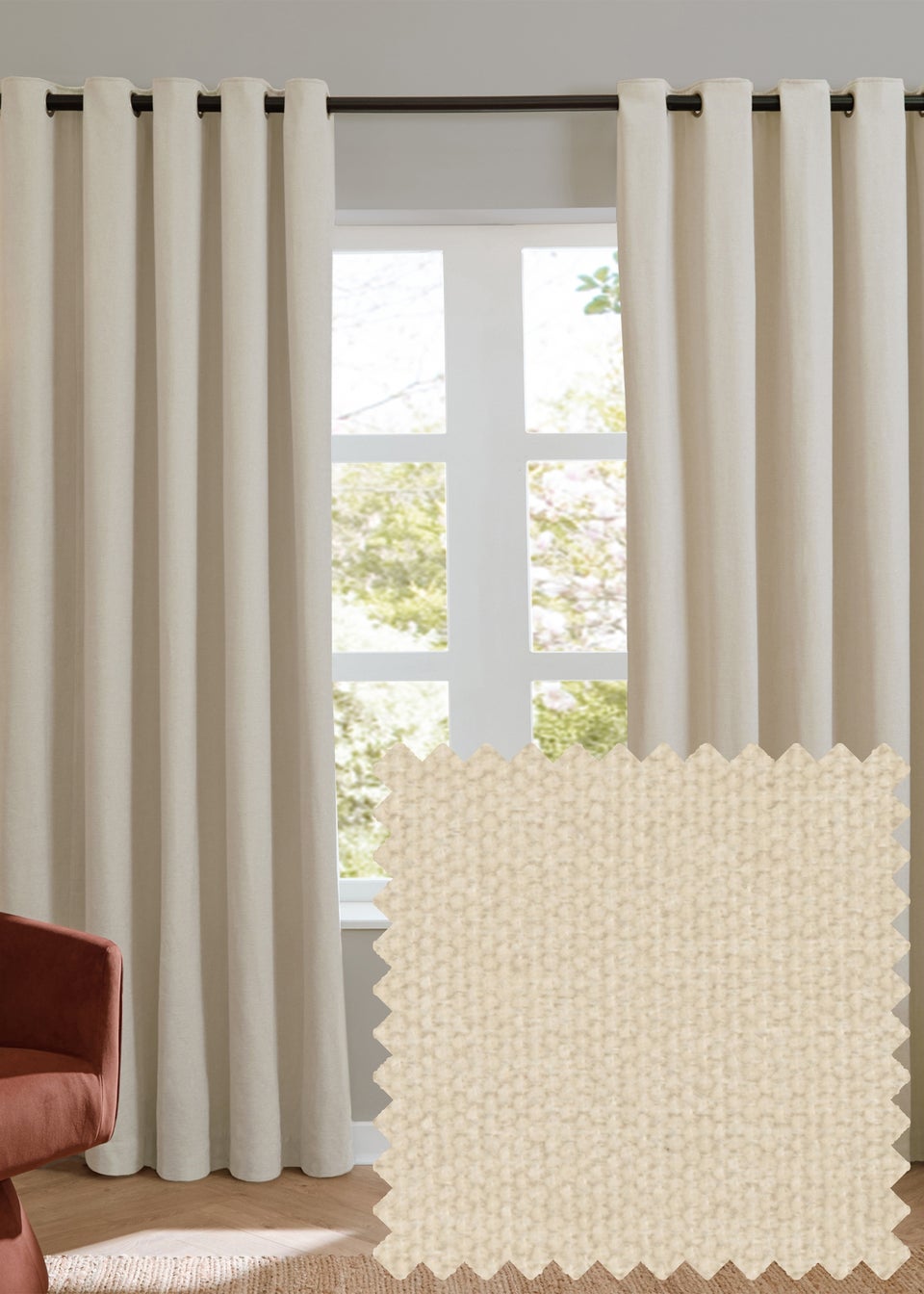 Furn Soft Chenille Blackout Eyelet Curtain Pair Ecru