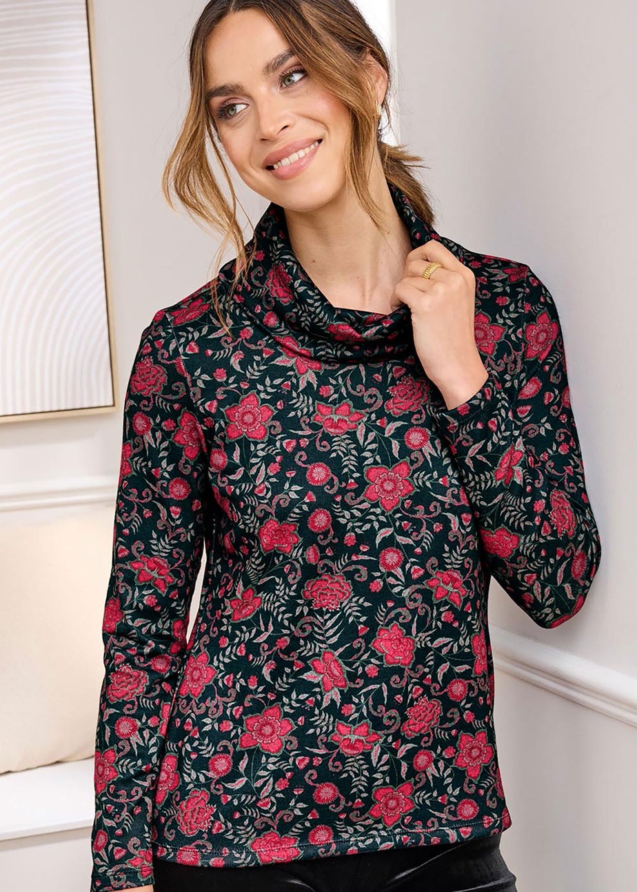 Cotton Traders Black Long Sleeve Cowl Neck Print Jersey Top