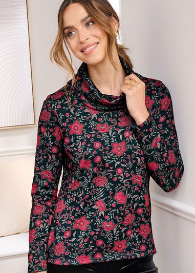 Cotton Traders Black Long Sleeve Cowl Neck Print Jersey Top