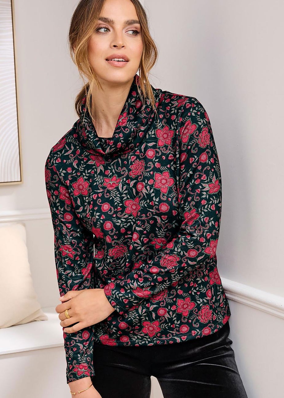 Cotton Traders Black Long Sleeve Cowl Neck Print Jersey Top