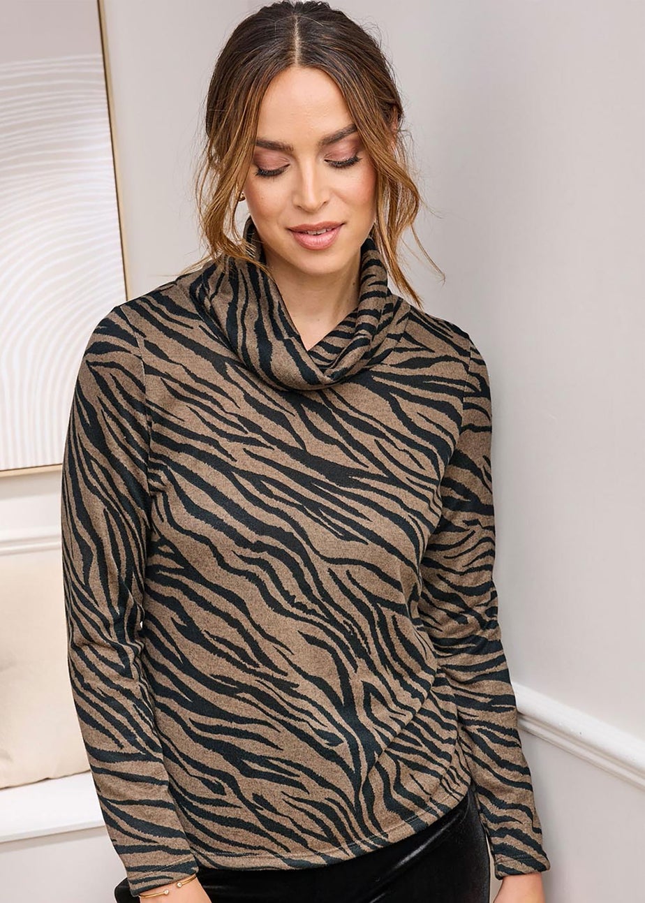 Cotton Traders Mink Long Sleeve Cowl Neck Print Jersey Top