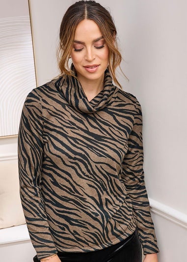 Cotton Traders Mink Long Sleeve Cowl Neck Print Jersey Top