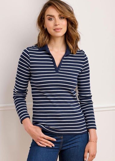 Cotton Traders Navy Cosy Up Long Sleeve Stripe Polo Shirt