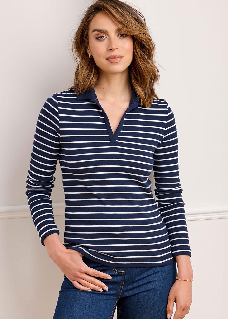 Cotton Traders Navy Cosy Up Long Sleeve Stripe Polo Shirt