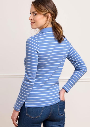 Cotton Traders Deep Iris Cosy Up Long Sleeve Stripe Polo Shirt