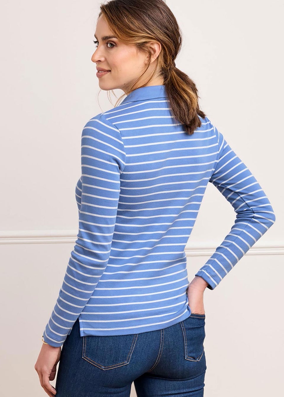 Cotton Traders Deep Iris Cosy Up Long Sleeve Stripe Polo Shirt