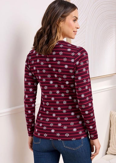 Cotton Traders Burgundy Wrinkle Free Long Sleeve Print Top
