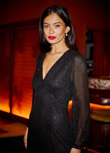 Yumi Black Sequin Long Sleeve Midi Dress