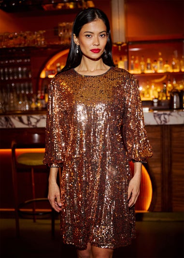 Yumi Gold Sequin Tunic Dress With Balloon Sleeves