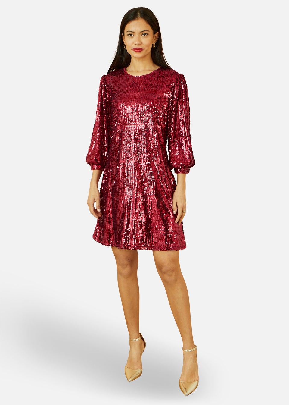 Yumi  Burgundy Sequin Tunic Dress With Balloon Sleeves