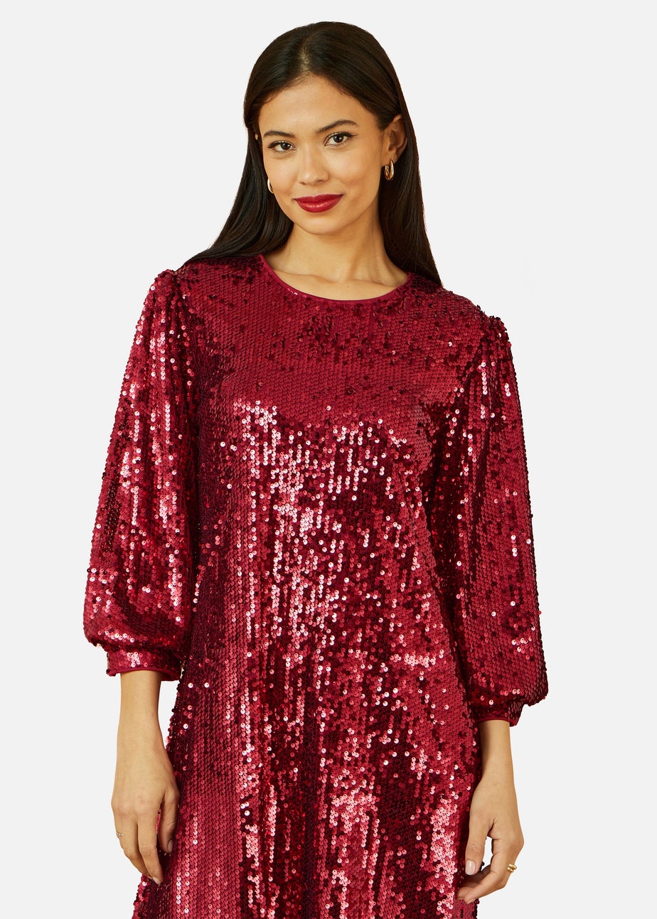 Yumi  Burgundy Sequin Tunic Dress With Balloon Sleeves