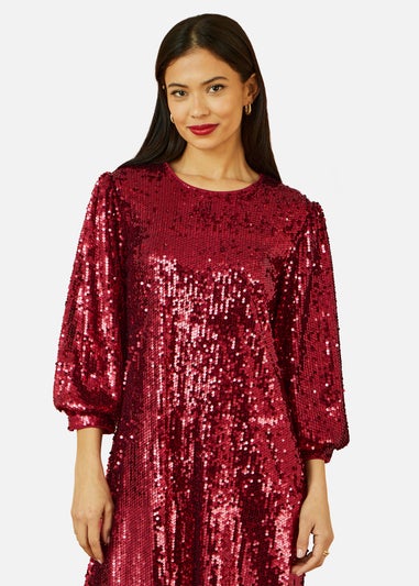 Yumi  Burgundy Sequin Tunic Dress With Balloon Sleeves